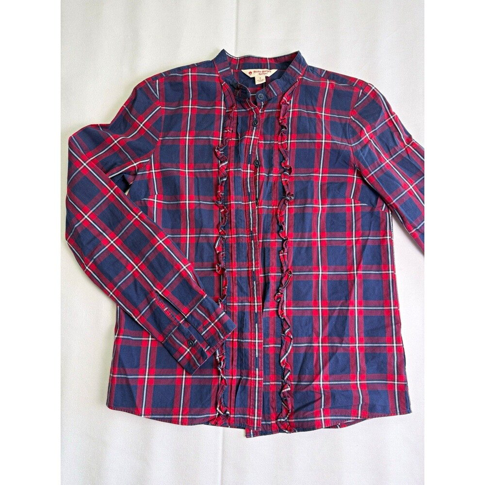 Brooks Brothers Red Fleece Women's 0 Blue Red Plaid Ruffle Button-Up Shirt